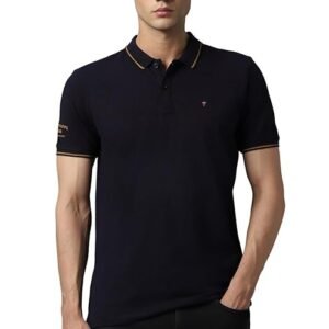 Louis Philippe Men's Slim Fit Single-Tuck Pique Stylized Sleeve Print and Contrast Tipping Half Sleeve Solid Polo Tshirt