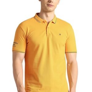 Louis Philippe Men's Slim Fit Single-Tuck Pique Stylized Sleeve Print and Contrast Tipping Half Sleeve Solid Polo Tshirt