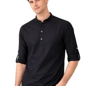 See Designs Men's Roll-Up Sleeve Mandarin Collar Men White Pure Cotton Slub Short Kurta